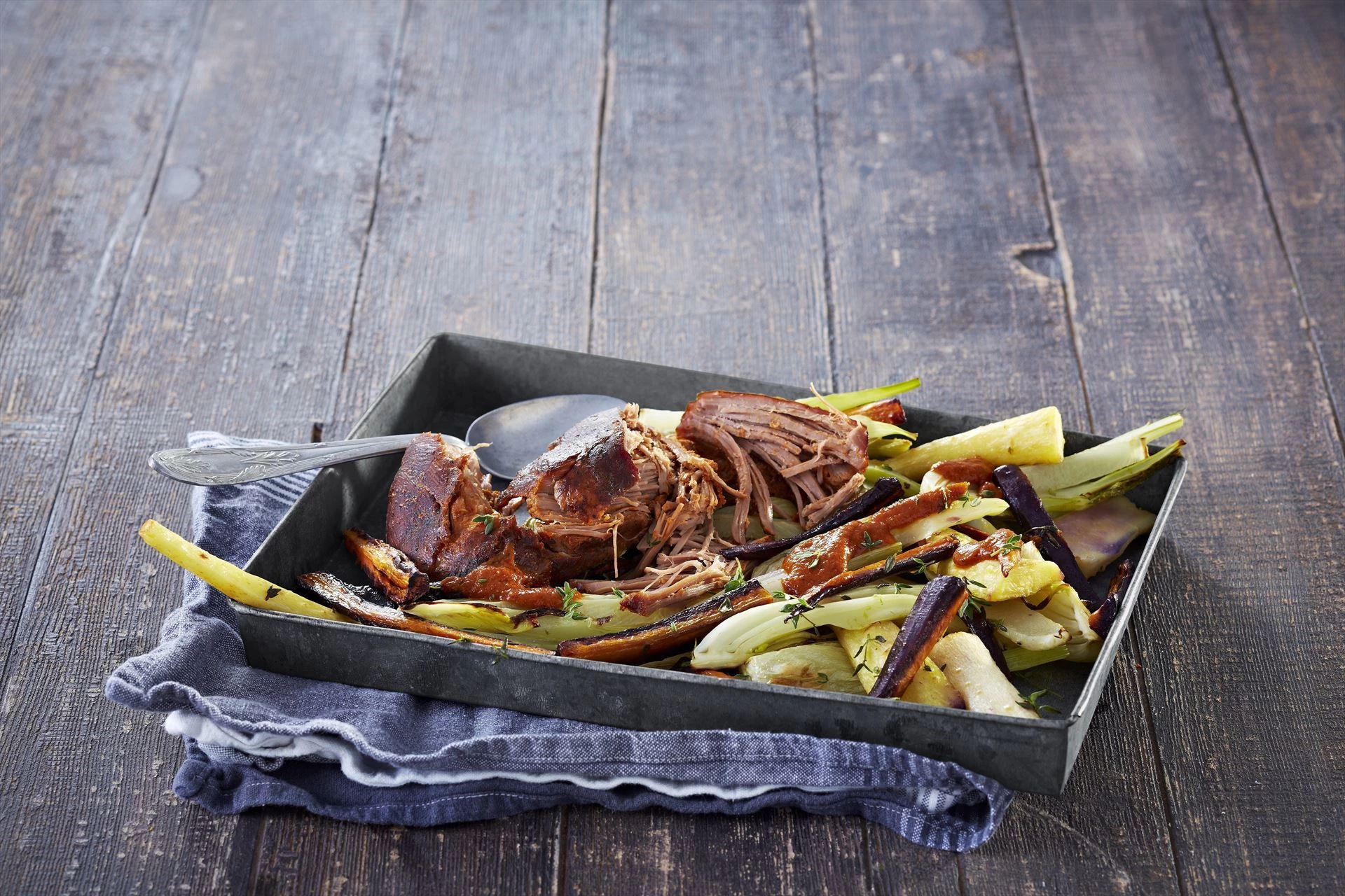 Pulled Turkey med bagte rodfrugter