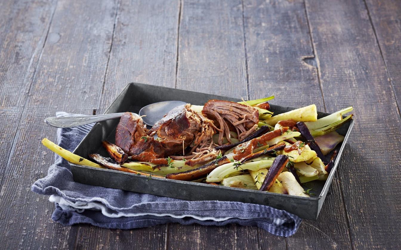 Pulled Turkey med bagte rodfrugter