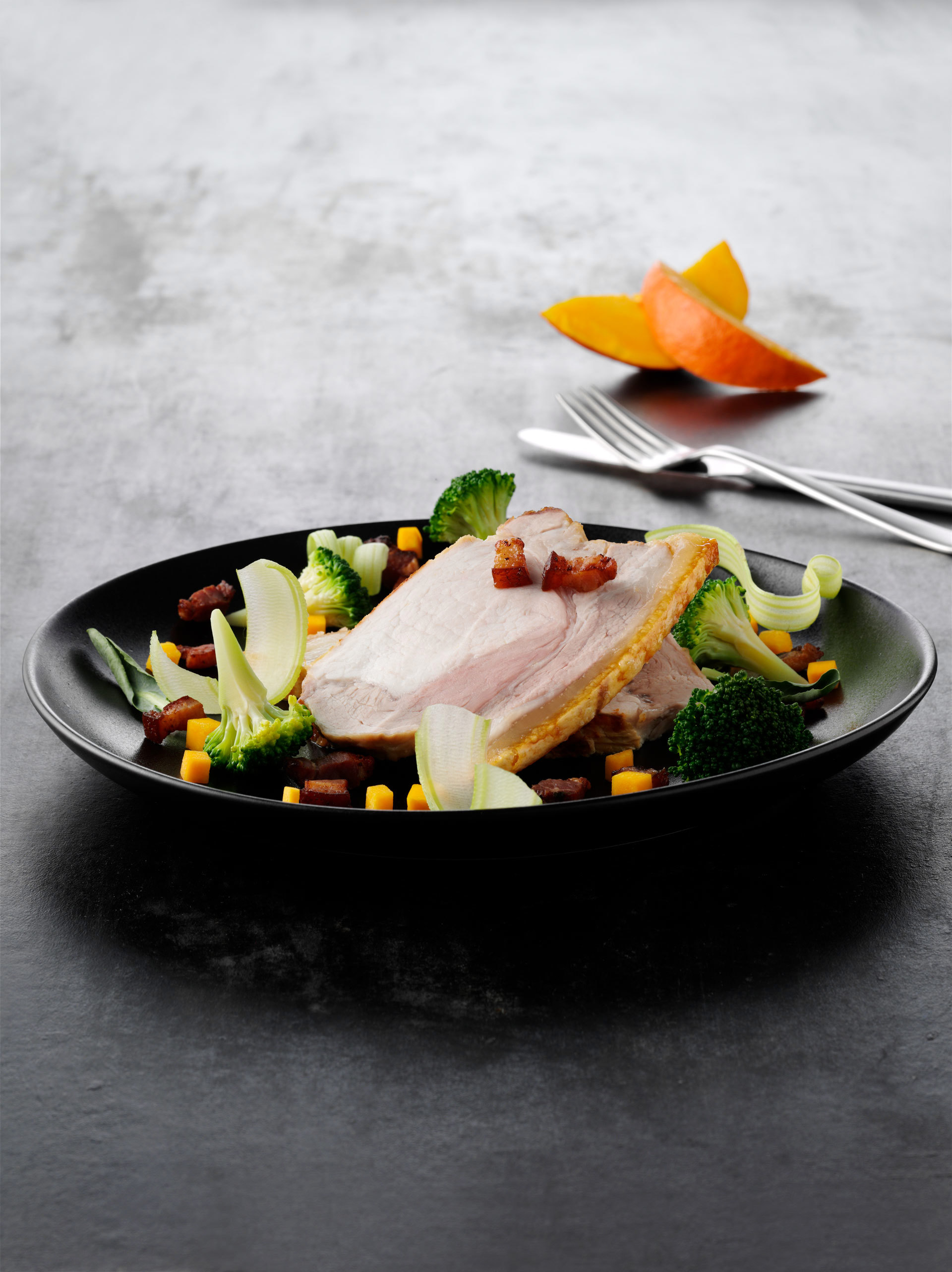 Marinated pork loin with broccoli salad