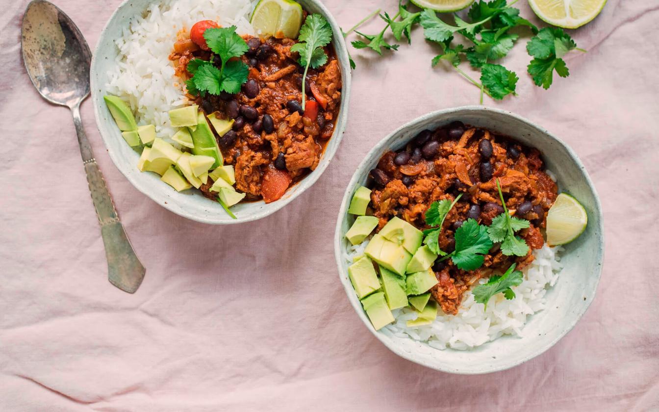 Chili sin carne med veggie fars