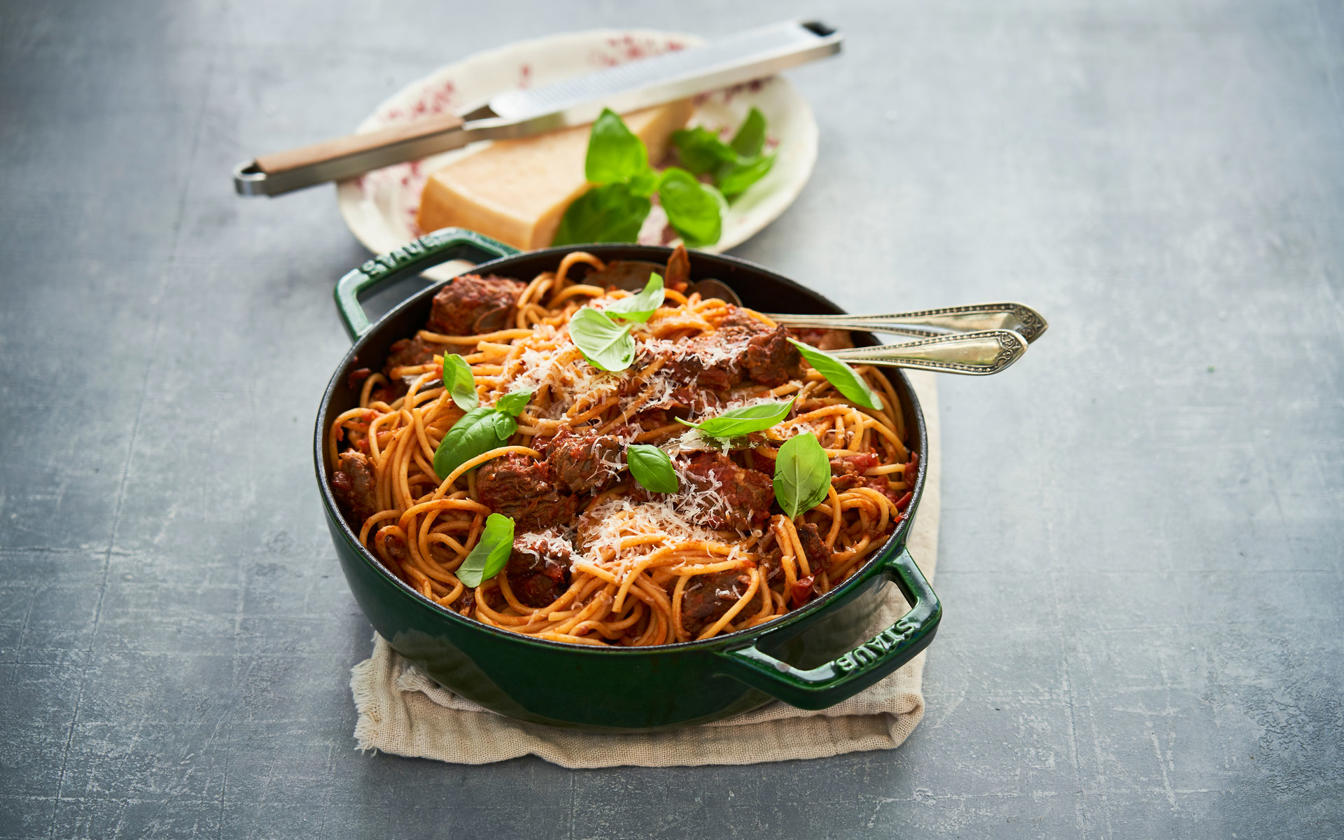 Spaghetti med kalv og Karl Johan svampe