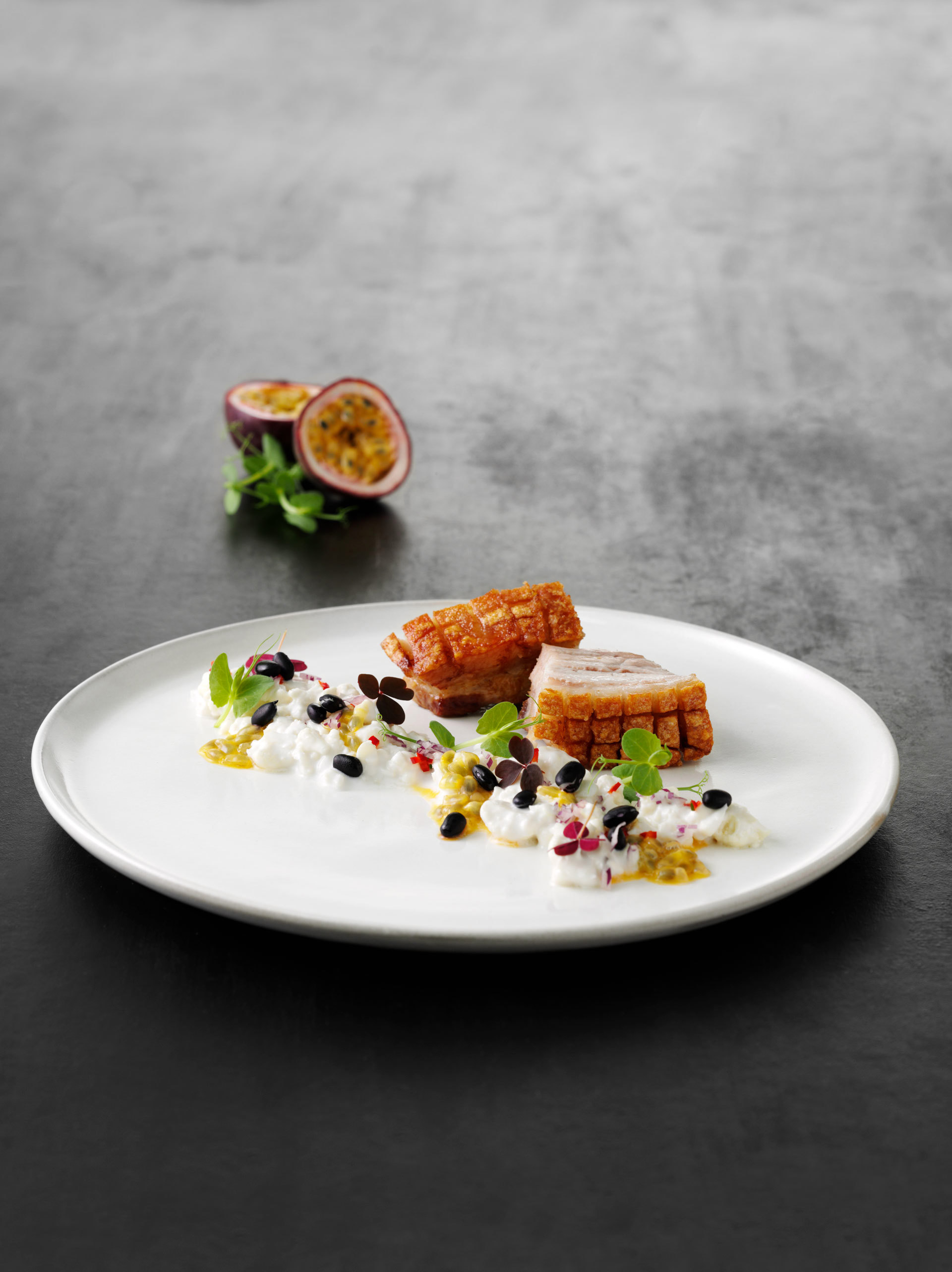 Pork belly with black bean salad