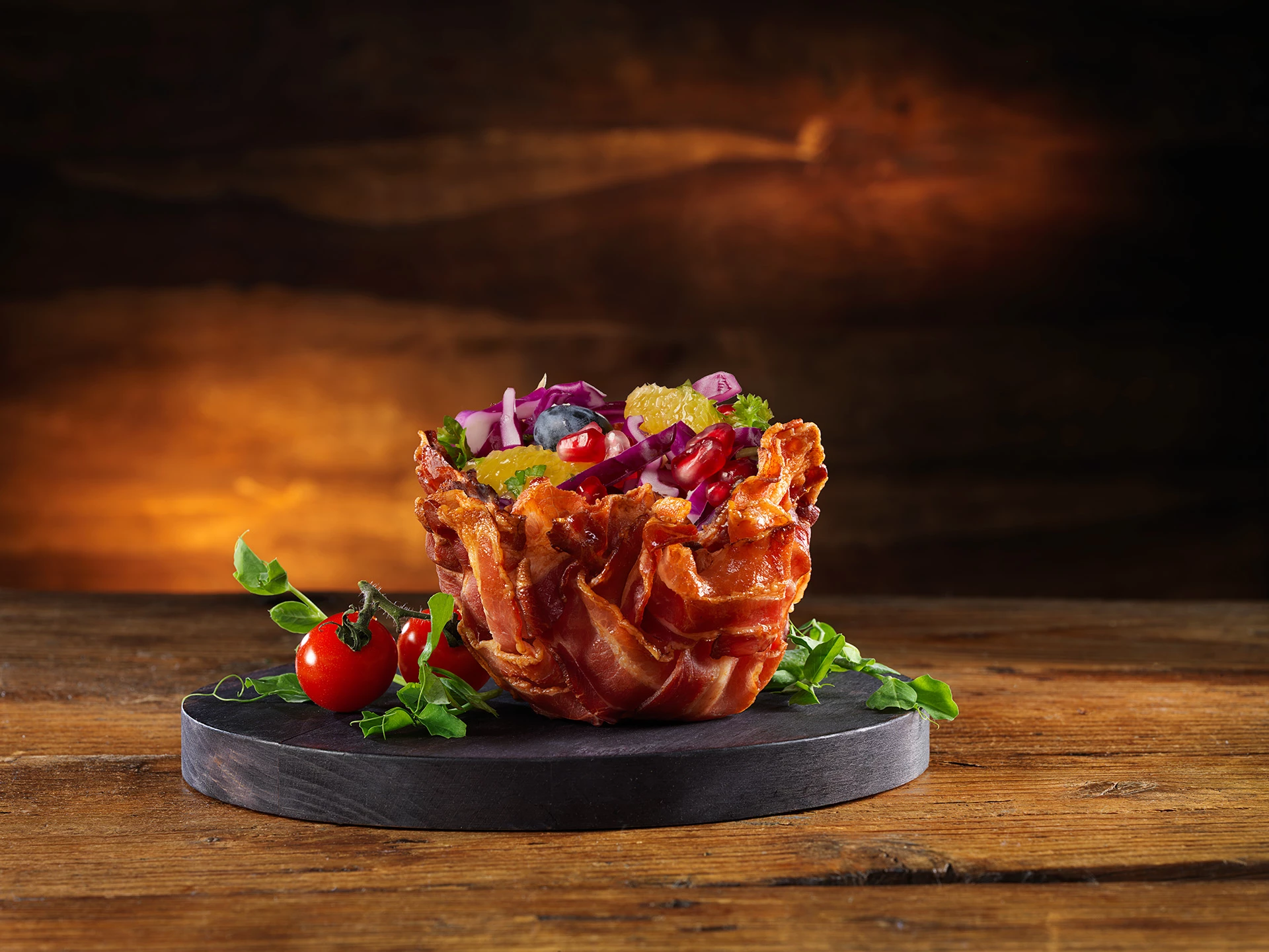 Bacontarteletter m. rødkålssalat