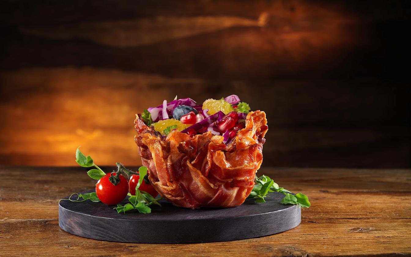 Bacontarteletter m. rødkålssalat