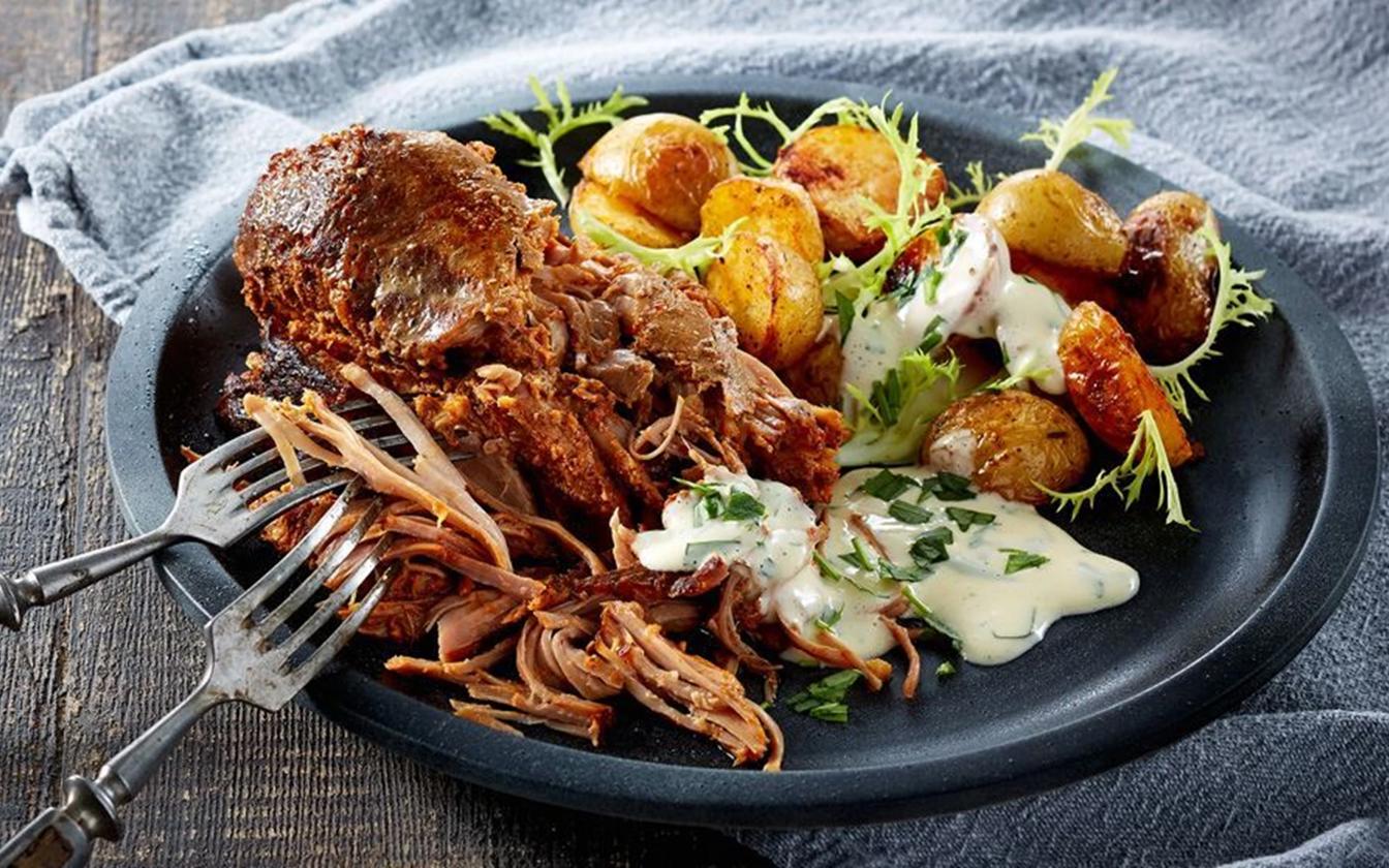 Pulled kalkun med sunday roast potatoes