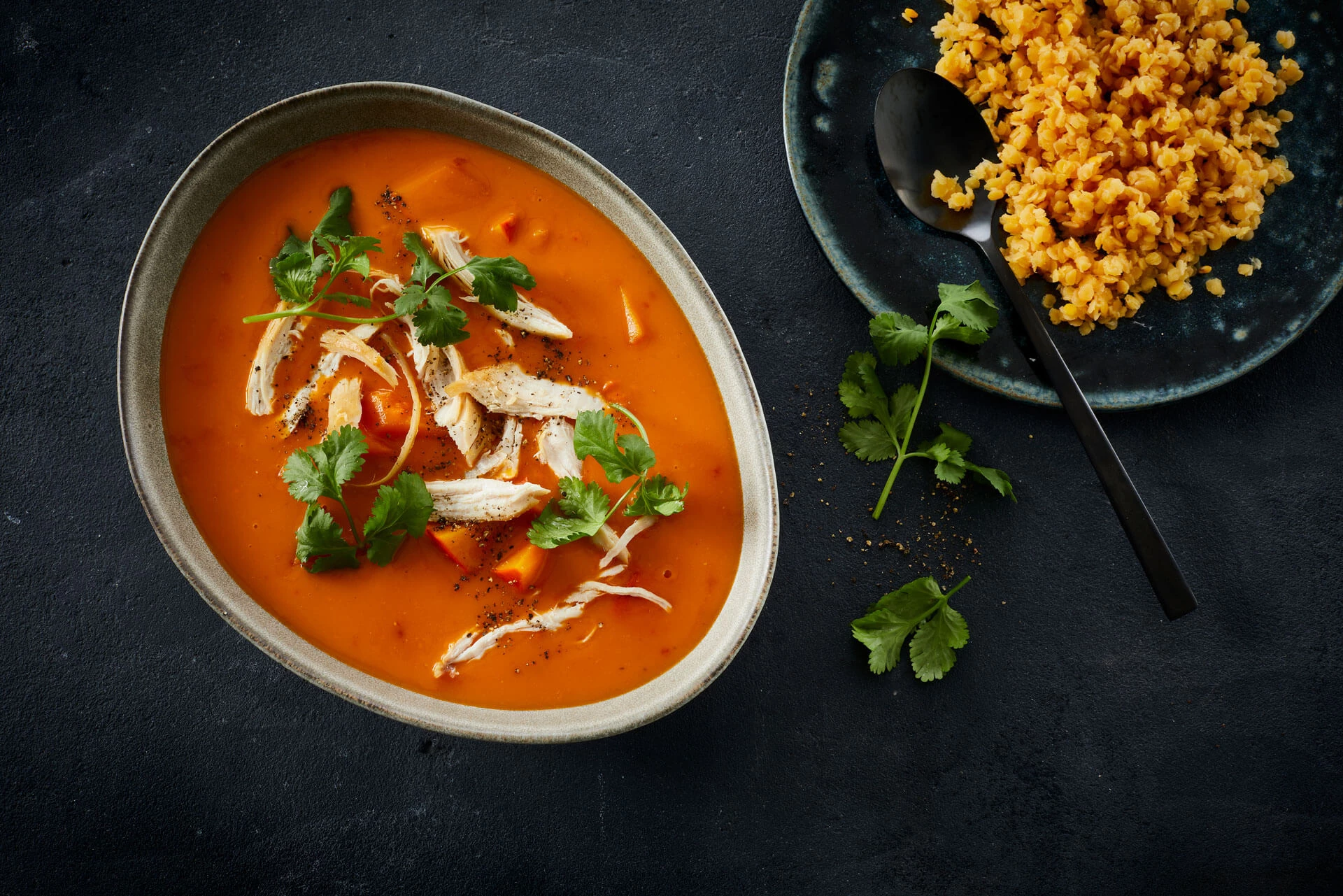 Hokkaidosuppe med linser og revet kylling