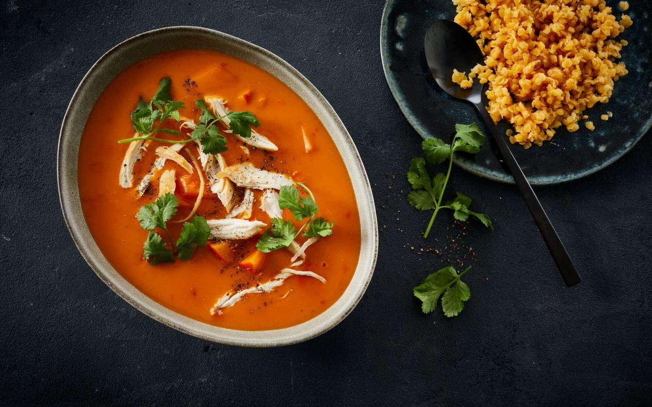 Hokkaidosuppe med linser og revet kylling