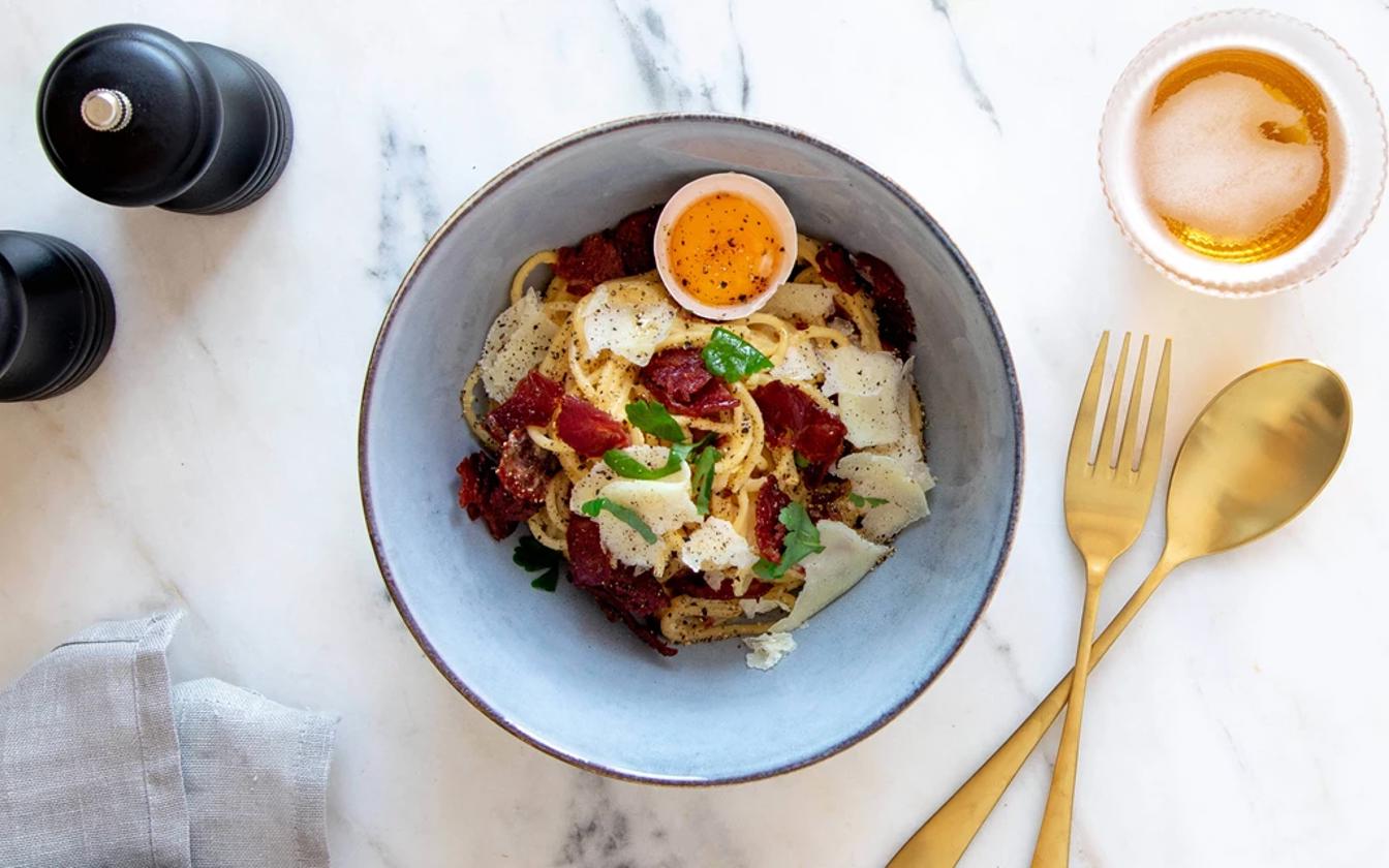 Pasta carbonara med kalkonbacon