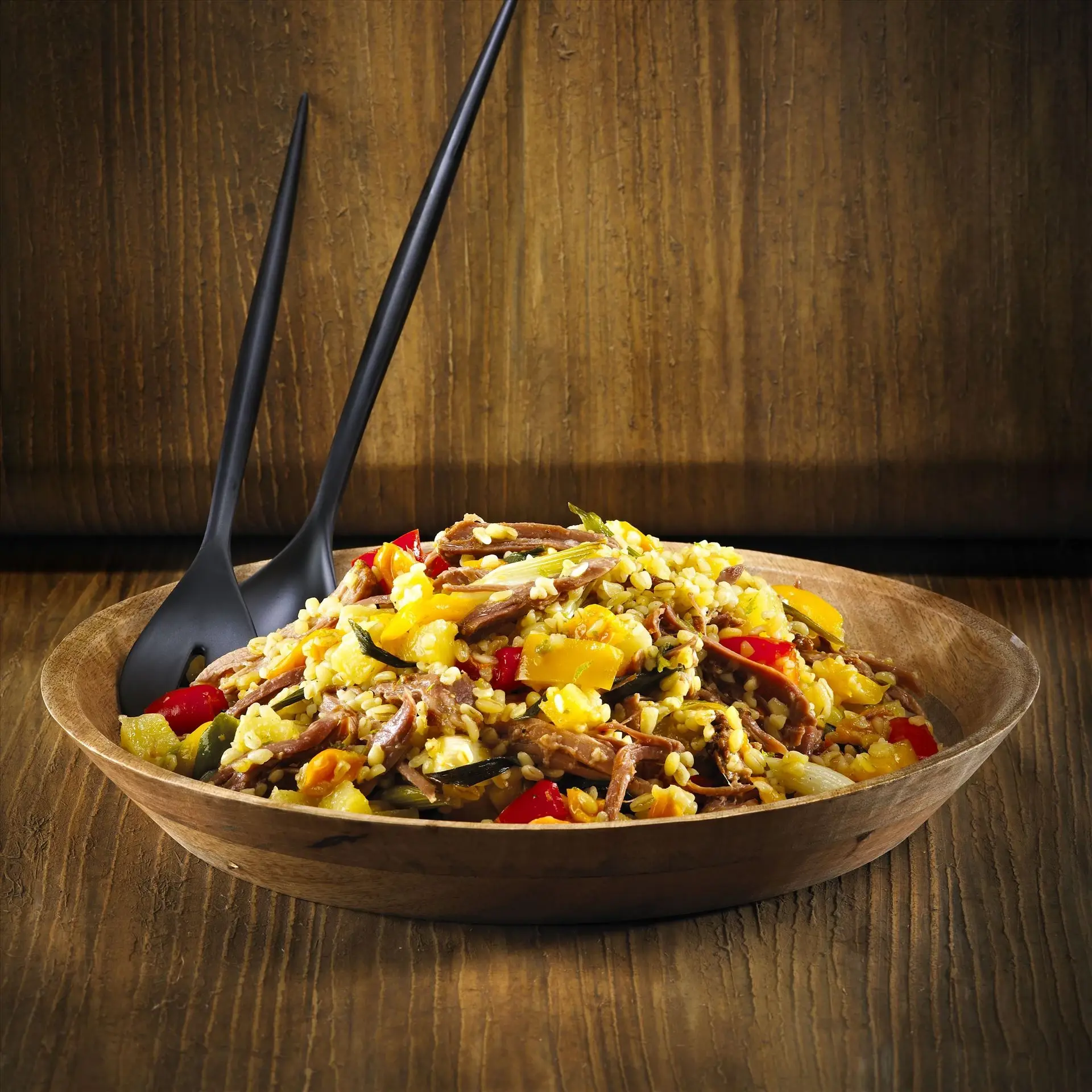 Bulgursalat Mit Pulled Pork und gebackenem Gemüse